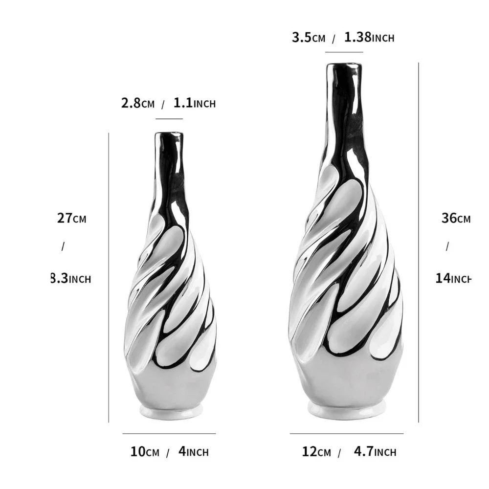 Yundu Silver White Ceramic Vase Set 2 Piece Spiral‎ Art Deco Modern Home Decor